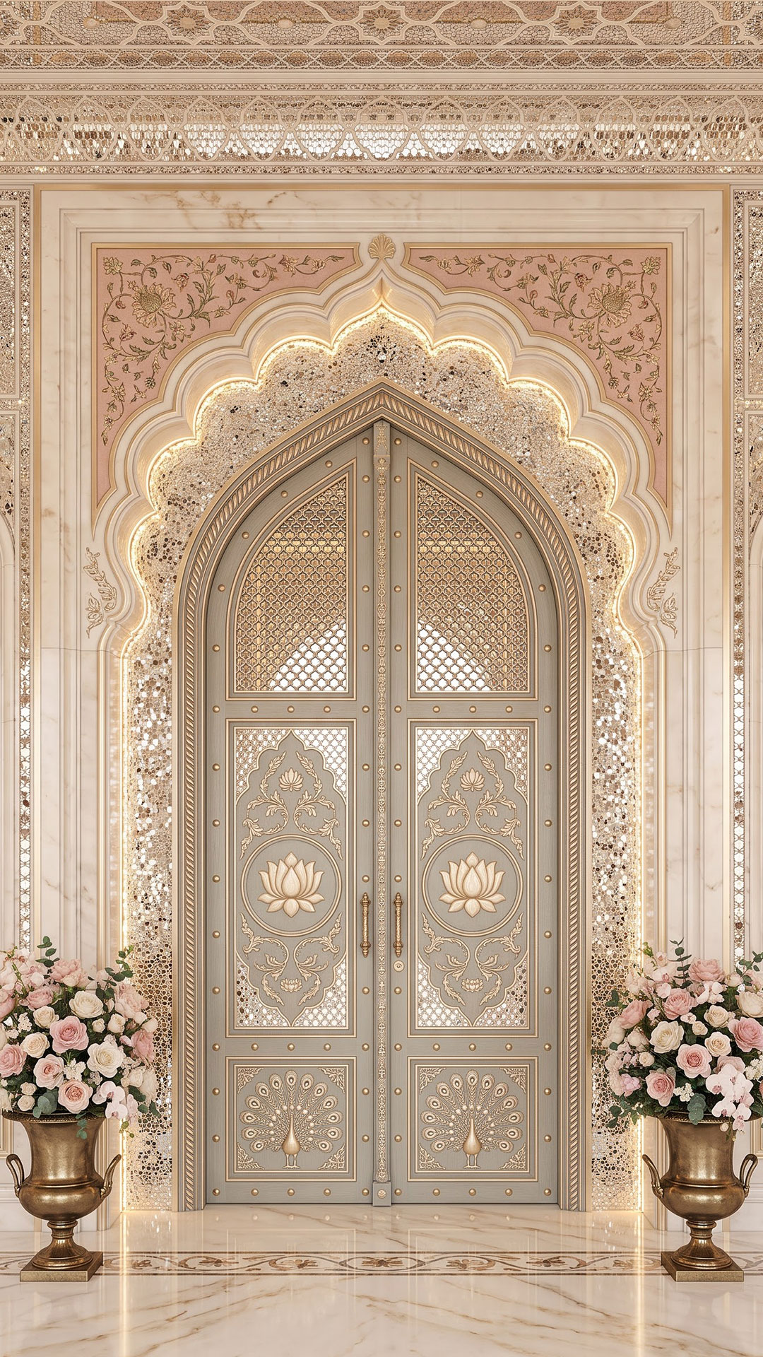 Ivory and gold palace doors beneath a mirrored scalloped arch, flanked by rose bouquets