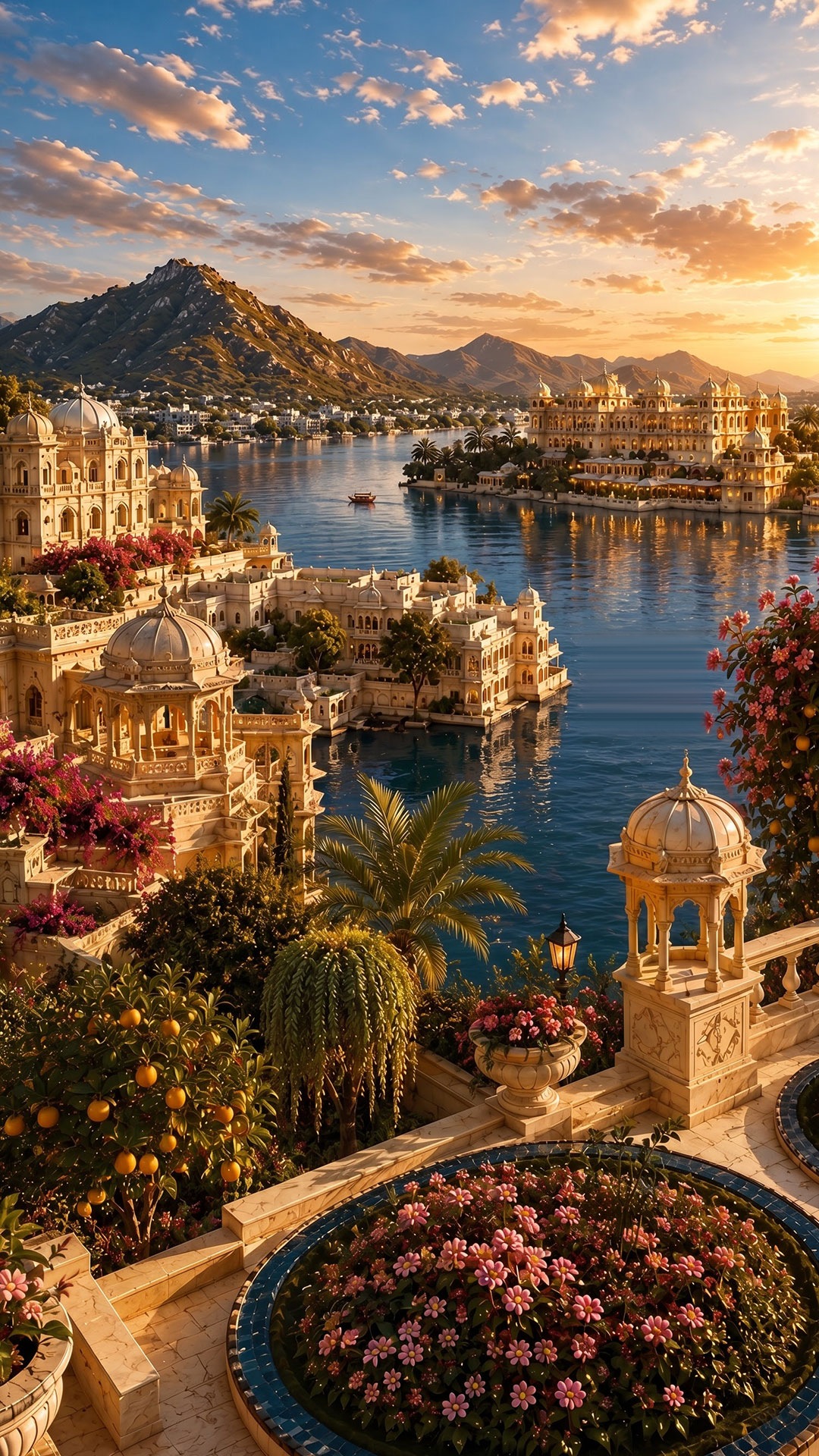 Royal Udaipur lake palaces at golden hour